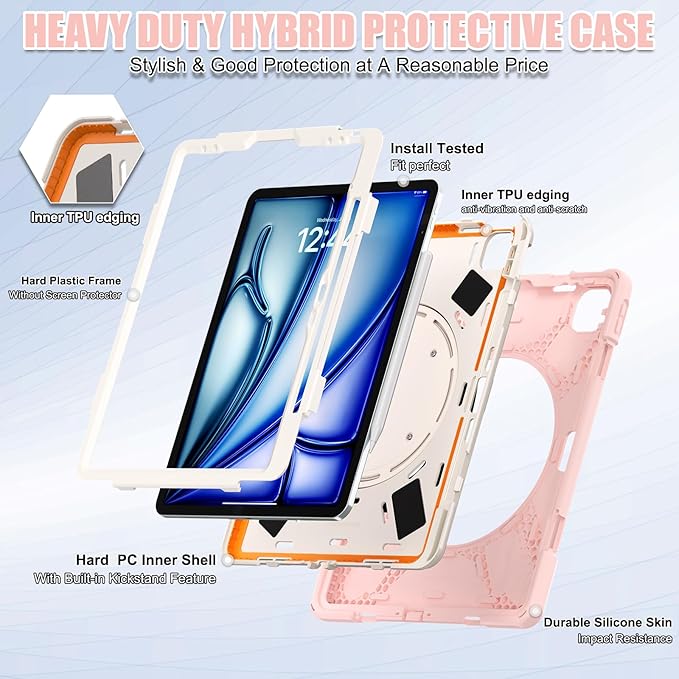 SCSVPN Case for iPad Air 13 inch M4/ M3/ M2 (2026/2025/2024) &amp iPad Pro 12.9 Case 6th/5th/4th/3rd Gen 2022 2021 2020 2018 Protective Cover w/Pencil Holder Rotate Stand/Handle Shoulder Strap Pi