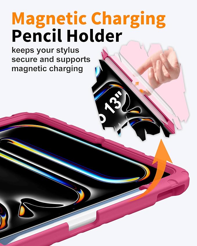 for iPad Air 13 Inch Case (M4 2026 / M3 2025 / M2 2024) Heavy Duty EVA Protective Cover with Magnetic Charging Pencil Holder 360° Rotating Stand for Kids Work &amp Travel Rose Red