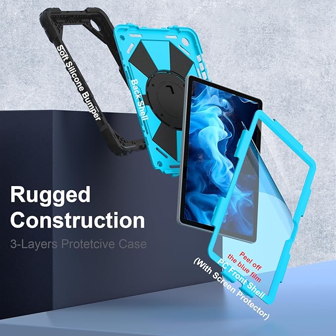 for Samsung Galaxy Tab A11 Plus/A11+ Case 2025 11 Inch Galaxy Tab A9+ Case 2023 Rugged Samsung A11+ Tablet Cover with 360 Rotating Stand Hand Strap Shoulder Strap Screen Protector BlackBlue