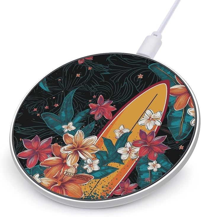 Surfboard and Flowers Wireless Charger Fast Wireless Charging Pad with USB Cable 10W Anti-Slip Magnetic Wireless Charger Portable Slim Charger Puck Travel Charging Station