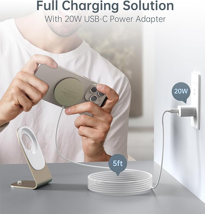Magnetic Wireless Charger for iPhone 17/16/15/14/13/12 - Mag Charger+20W USB C Adapter Fast Wireless Charging Stand/Pad with 5ft Cable for iPhone 17/16/15/14/13/12 Pro Max Plus Mini 17 Air Gold