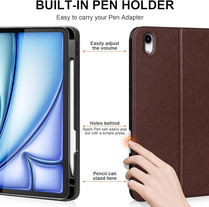 Leather Case for iPad Air 11 M4/M3/M2 (2026/2025/2024) &amp 10.9 5th/4th Gen (2020/2022) with Pencil Holder | Auto Wake/Sleep | Protective Shockproof Cover | Adjustable Stand | Red Brown