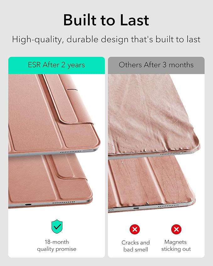 ESR for iPad Air 11 Inch Case M4/M3/M2 (2026/2025/2024) iPad Air 5th/4th Gen (2022/2020) Powerful Magnetic Attachment Slim Trifold Stand Case Auto Wake/Sleep Durable Protection Rose Gold