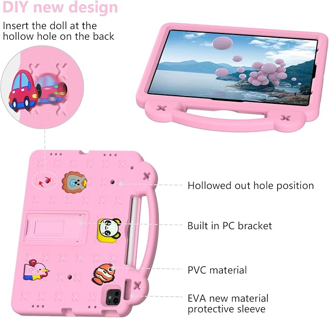 Compatible with Samsung Galaxy Tab S7 2020/S8 2022/Tab S9 2023 11 inch/Tab S9 FE 2023 11 inch Tablet Case Kids Case with Shoulder Strap &amp Stand Handle &amp Pen Tray Pink