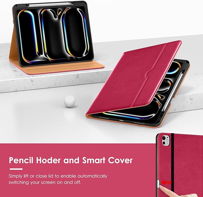 VIKESI Case for iPad Pro 13-inch M5 or M4 Released in 2025 or 2024 Leather Stand Cover with Apple Pencil Holder Auto Wake/Sleep Multiple Viewing Angles Built in Hand Strap &amp PocketPeach