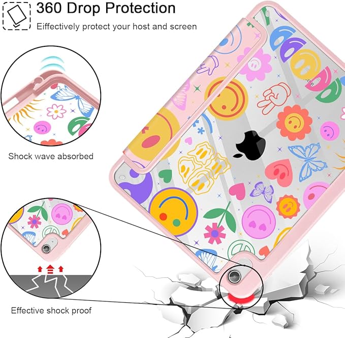 May Chen for iPad (A16) 11th Generation Case 11 Inch 2025 iPad 10th Gen Case 2022 10.9 inch Built-in Pencil Holder with Shockproof Cover Clear Back Shell Auto Wake/Sleep Smile Pattern