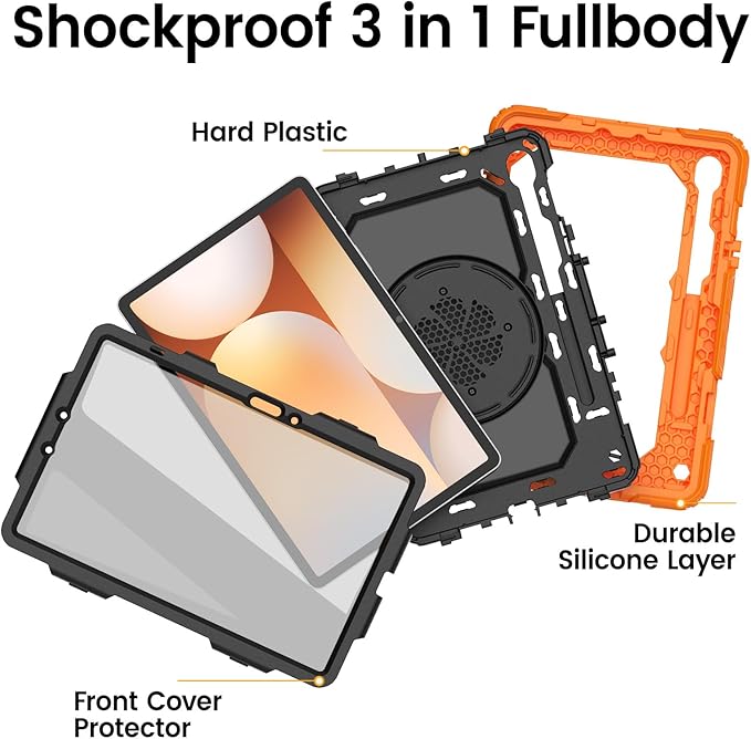 HXCASEAC Case for Galaxy Tab S10 lite / S10 FE / S9 FE 10.9 Inch Shockproof | 360° Rotating Stand | S Pen Holder | Screen Protector | Shoulder Strap | Samaung S10 Lite Tablet Case Kids Orange