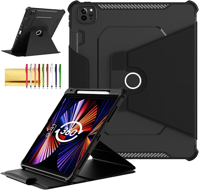 Rotating Case for iPad Pro 12.9 6th/5th/4th Gen 2022/2021/2020 Smart Cover with Pencil Holder Techcircle Hybrid TPU+PC Magnetic Cover Soft Bumper Slim Folio Shockproof Protective Case-Black