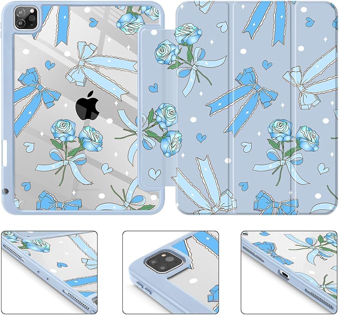 Tuiklol Case for iPad Pro 12.9 Inch M2 Case 2022 2021 2020 2018 Generation 6th/5th/4th/3rdBuilt-in Pencil Holder Clear Transparent Protective Back Shell Cover Bow &amp Rose Blue