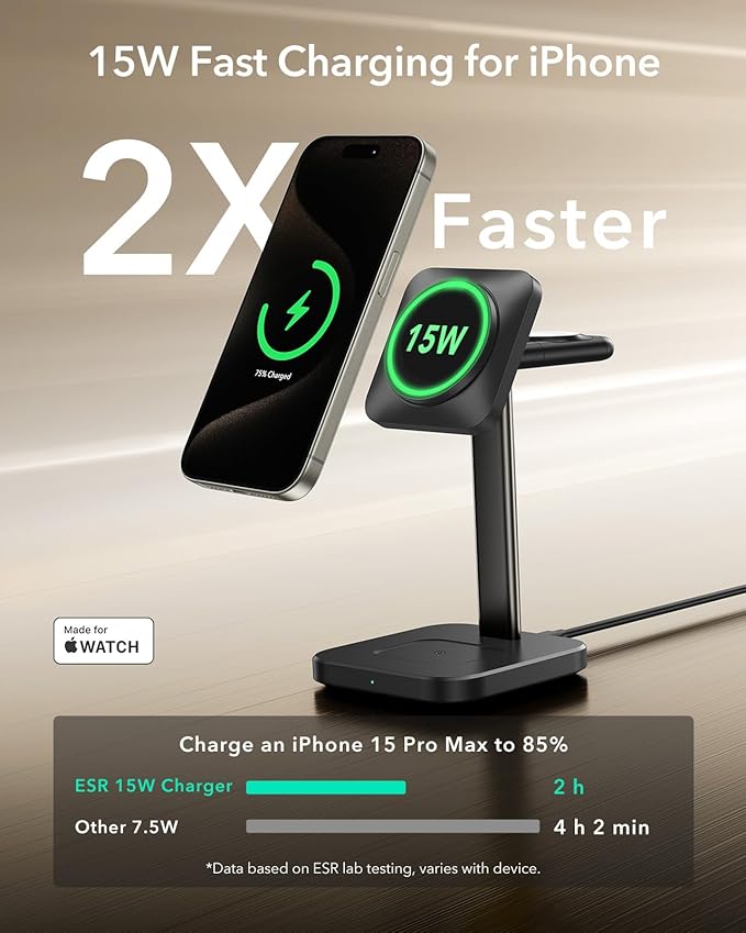 ESR for 3 in 1 Wireless Charging Station Certified Apple Watch Charger 15W MagSafe Charger Stand for iPhone Wireless Charger for Multiple Devices iPhone 17/16/15/14/13 Watch AirPods Black