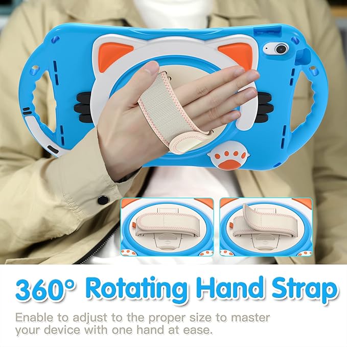 iPad 11 inch 11th Generation Case for Kids Dteck Heavy Duty Rugged Protection Kid-Friendly Handle Stand Shoulder Strap Cute Cat Case for Apple iPad 10th Generation 10.9 inch 2022 Lightblue