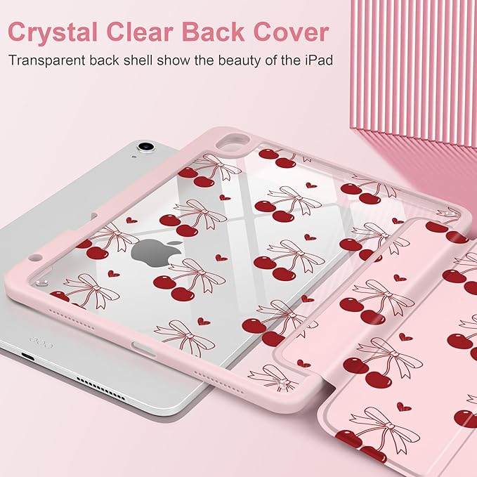 DONGKE Case for iPad Air 11-inch M4 2026 &amp M3 2025 &amp M2 2024 iPad Air 5th/4th Generation 10.9 2022/2020 [Built-in Pencil Holder] Clear Acrylic Back Trifold Stand Smart Cover Cherry &amp H