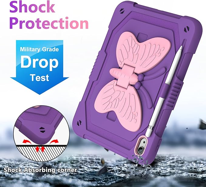 VOFUOE for iPad 10th Generation Case for Kids Girls 2022 10.9 Inch for iPad A16 Case 11th Generation 2025 with Screen Protector Shoulder Strap Butterfly Wings Stand Pencil Holder Rugged Cover-Purple
