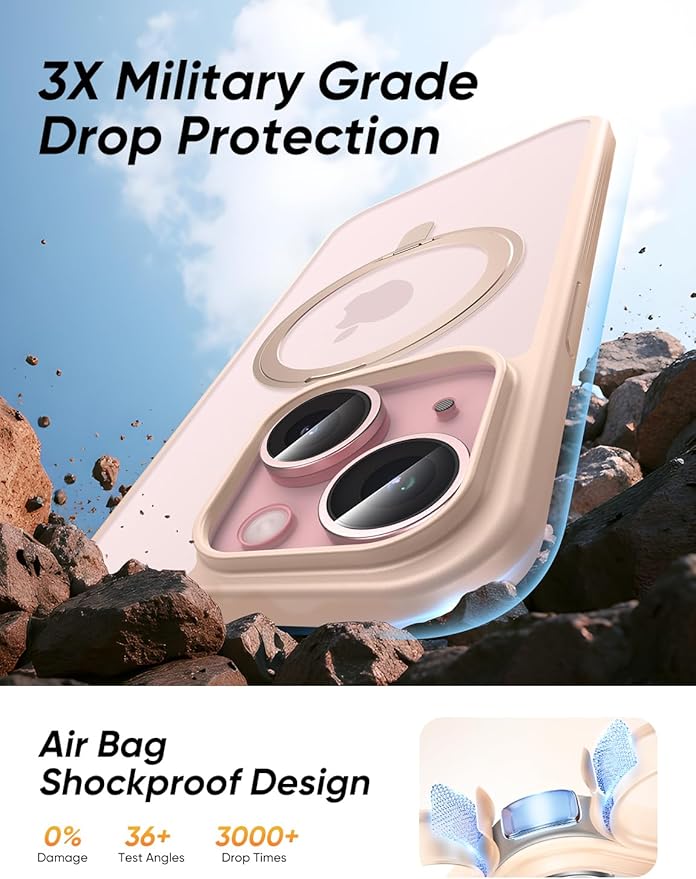 MAGIC JOHN for iPhone 15 Case 360° Rotatable Magnetic Invisible Stand Fit for MagSafe 15 Phone Case 16FT Military Grade Shockproof for iPhone Case with Kickstand Rose Gold