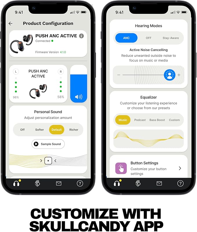 Skullcandy Push ANC Active Wireless Earbuds Bluetooth Headphones Noise Cancelling 58 Hours Battery Secure-Fit Over-Ear Hanger Sweat and Waterproof Microphone for iPhone Android - Primer