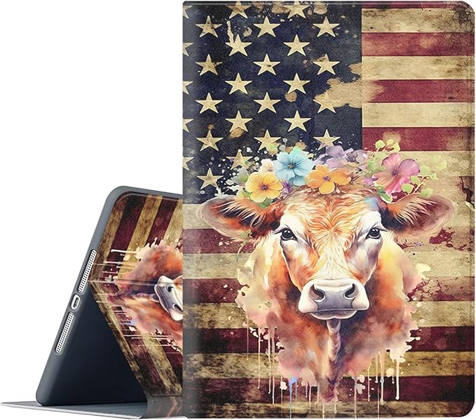 Case for iPad 10.2-Inch (2021/2020/2019 Model9/8/7 Generation)Adjustable Stand Auto Wake/Sleep Function Full Body Protection Cover - American Flag Cow