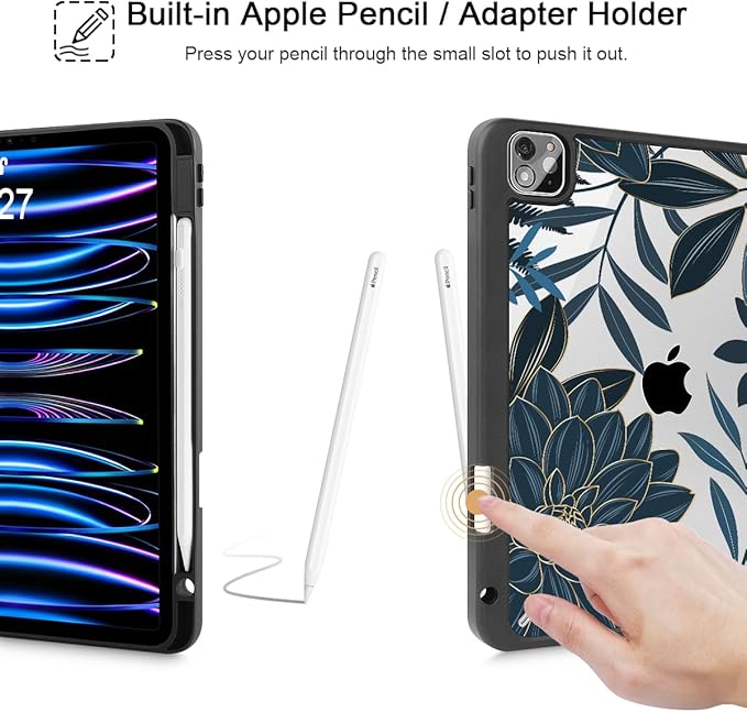 Tuiklol for iPad Pro 11 Inch Case M2 2022 Generation 4th -Built-in Pencil Holder Shockproof Cover Clear Transparent Back Shell Fit for iPad 11’’ 2021 2020 2018 Gen 3rd/2nd/1st for Kid Black Flower