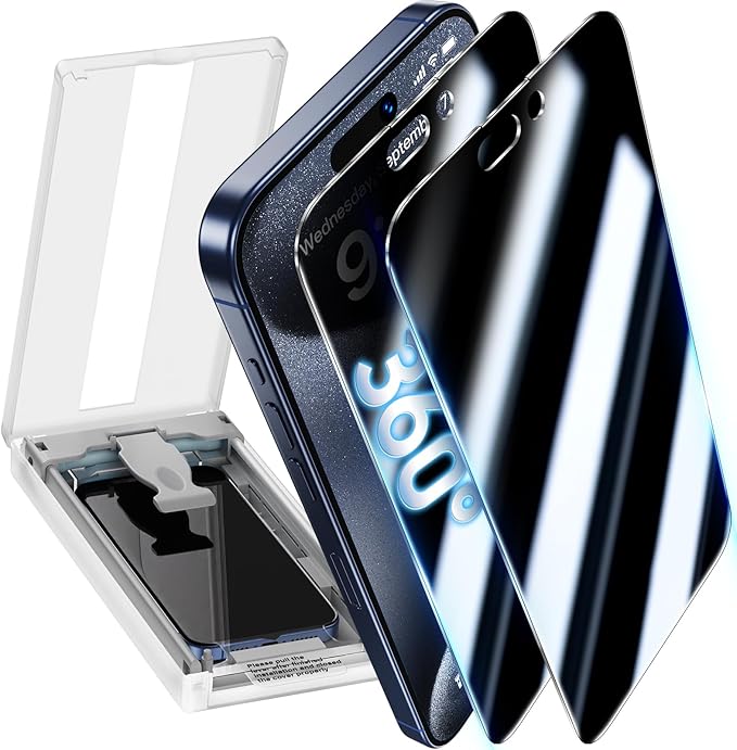 UniqueMe 2 Packs for iPhone 15 Pro Privacy Screen Protector - 360°Anti-Spy 4way Tempered Glass Screen Protector 15 Pro Zero Bubble Case Friendly [Automatic Dust Removal]