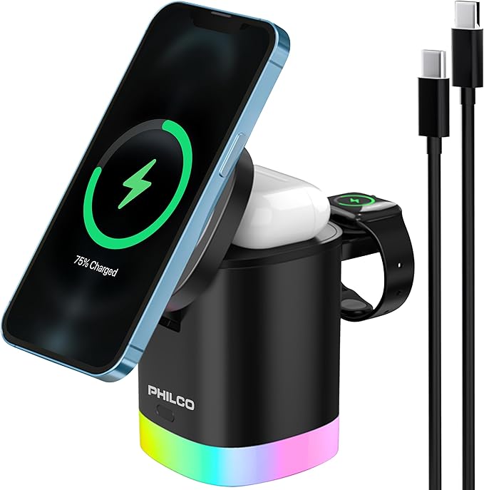 Philco 3-in-1 Magnetic Wireless Charging Station15W Fast Charging for Magsafe iPhone 11/12/13/14/15/16 Apple Watch &amp AirPods Compact and Foldable Design with USB-C Port RGB Color Changing Ligh