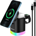 Philco 3-in-1 Magnetic Wireless Charging Station15W Fast Charging for Magsafe iPhone 11/12/13/14/15/16 Apple Watch &amp AirPods Compact and Foldable Design with USB-C Port RGB Color Changing Ligh