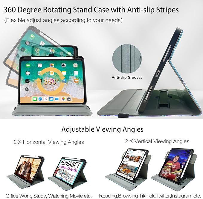 Rotating iPad Air 11-Inch Case M4/M3/M2 Case for iPad Air 5th/4th Generation 10.9 Inch360 Swivel Multi-Angle Adjustable Stand Pencil Holder/Pocket/Hand Strap iPad Pro 11-inch case Flowers Butterfly