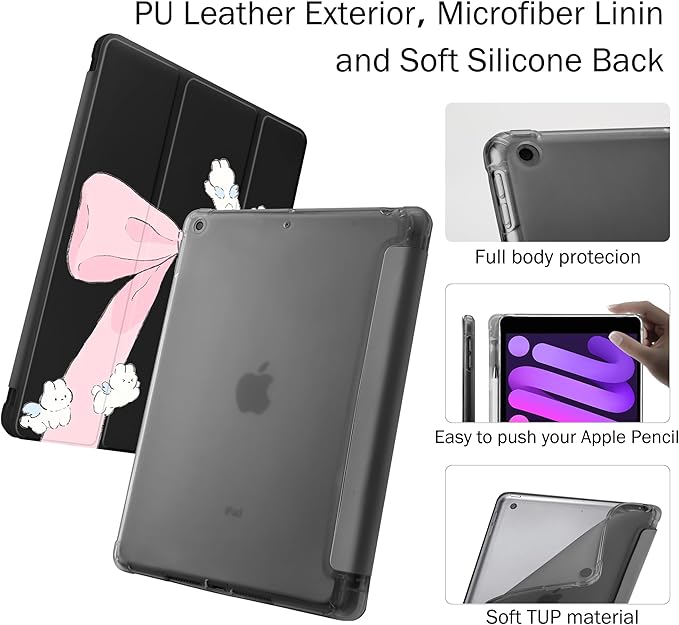 Idocolors Case for iPad 11 inch (A16 Chip) 2025 Generation 11th / iPad 10.9 inch 2022 10th Gen Built-in Pencil Holder with Soft TPU Shockproof Back Shell Auto Wake/Sleep Bunny Bow-Black