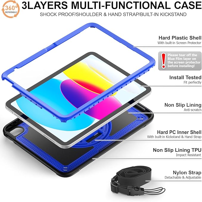 Timecity Case for iPad 11th/10th Generation 2025/2022: with Screen Protector 360 Rotating Stand Hand Strap Shoulder Strap Pencil Holder Full-Body Shockproof Protective Case -Darkblue