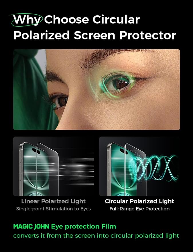 MAGIC JOHN 2 PACK for iPhone 16 Pro Max (6.9) Eye Protection Screen Protector HD Clear Auto Dust-Elimination 9H Tempered Glass &amp Scratch Resistance Full Edge Coverage