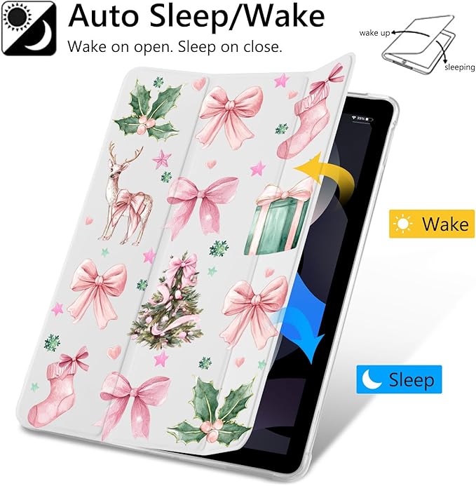JOYLAND Light Pink Bowknot Xmas Case for iPad 9th/8th/7th Generation 10.2 Inch (2021/2020/2019 Release) Pencil Holder &amp Clear Transparent Soft TPU Back &amp Trifold Smart Tablet Cover for Girls
