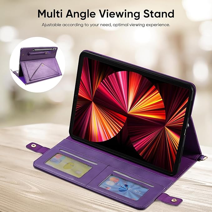 Tablet Carrying Shoulder Bag Case for Samsung Galaxy Tab S8+ Plus/S7+ Plus/ S7 FE 12.4 Retro PU Leather Hand Strap Crossbody Shoulder Strap Cards Holder Pocket S Pen Holder Stand CoverPurple