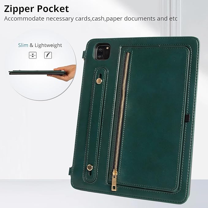 Dteck Case for iPad Air 13 inch M2 2024/iPad Pro 12.9 Case 6th/5th/4th/3rd Generation 2022/2021/2020/2018Premium PU Leather Shockproof Protective Case Zipper Pocket Strap Soft TPU Back CoverGreen