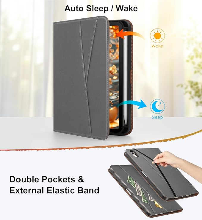 DTTO for iPad mini 7 (A17 Pro) Case iPad mini 7th / 6th Generation Case (2024/2021) 360 Degree Rotating Premium Leather Folio Stand Cover with Pencil Holder Grey