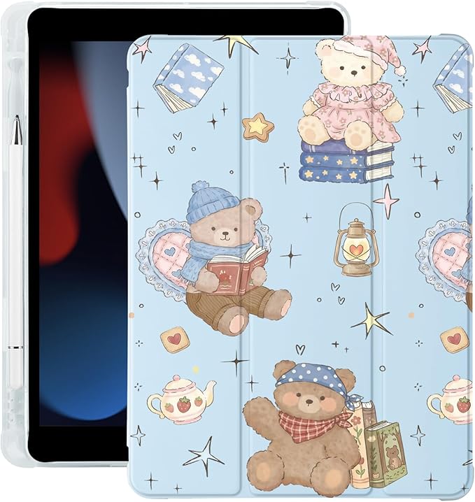 Cute Kawaii Bear for iPad Pro 13 Inch Case (M5/M4) 2025/2024 with Pencil Holder Auto Sleep/Wake Blue Leather Soft TPU Back Cover