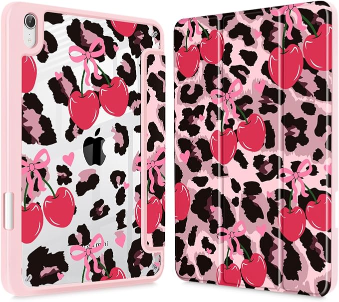Mektron Printed Case for iPad mini 7 (A17 Pro) 2024/ Mini 6 2021 iPad mini 7th/6th Generation 8.3-inch Liquid Retina Display Cover Buit in Pencil Holder with Clear Back Shell Cherry &amp Cheetah