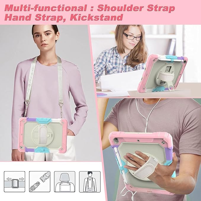 Ambison Case for iPad 9th/8th/7th Generation 10.2'' 2021/2020/2019 [Kid Proof] Full Body Protective Case with 9H Tempered Glass Screen Protector 360° Rotatable Kickstand &amp Hand Strap (Light Pink