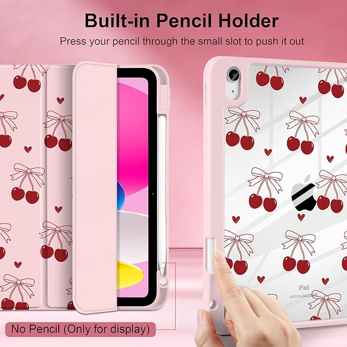 DONGKE Case for iPad (A16) 11th Generation 11 inch 2025 &amp iPad 10th Gen 10.9 inch 2022 [Built-in Pencil Holder] Clear Acrylic Back Trifold Stand Smart Cover Auto Sleep/Wake Cherry &amp Heart