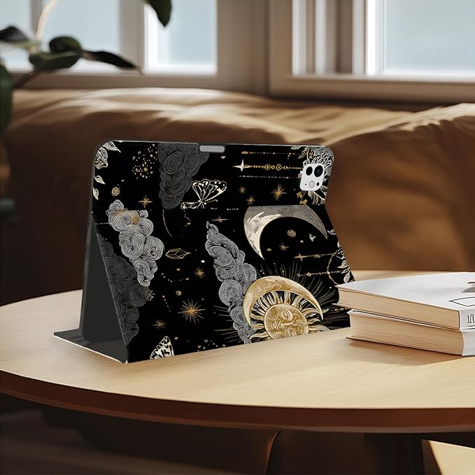 Cute Case for iPad Pro 11 Inch 2022/2021/2020/2018Dreamy Moon Stars Textured Folio Case with Pencil Holder Multi-Angle View Adjustable Stand Auto Wake/Sleep for Women