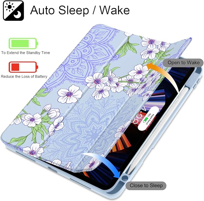 Mektron Case for M5/ M4 iPad Pro 11 inch 2025/2024 with Pencil Holder Compatible Models: A3357/A3358/A3359/A2836/A2837/A3006 Shockproof Cover Clear Shell Blossom Sakura-Blue