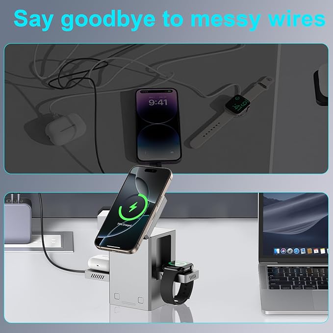 25W 3 in 1 Charging Station for Apple DevicesAuto Open/Close Mag-Safe Wireless Charging Stand CubeTravel Wireless Charger Dock for iPhone 16/15/14Series &amp Apple Watch &amp AirPods (Metal Gray)