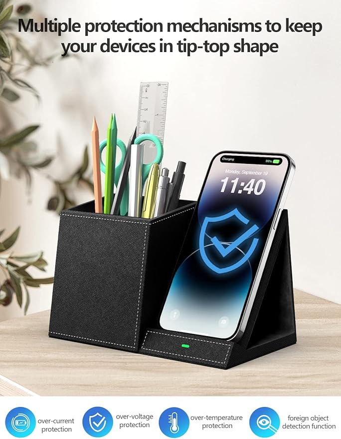 Pen Holder with Wireless Charger Compatible with iPhone 17/16/15/14/13/12/11/8 Series Pencil Holder Phone Stand for Desk Home Office Men Gift Husband Wife Anniversary Dad Birthday Idea Gadget