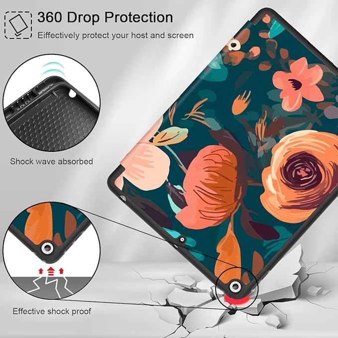 Mektron Designed Printed iPad 10.2 Case 9th Gen (2021)/ 8th Gen (2020)/ 7th Gen (2019) with Pencil Holder Slim Stand Protective Case with Soft TPU Back for iPad 10.2 Inch Abstract Florals