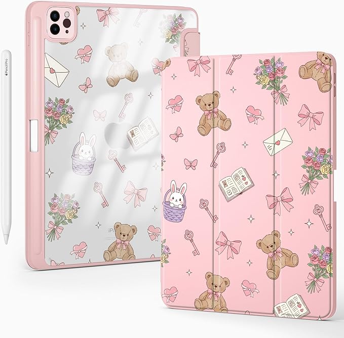 Cute Kawaii Bear Flower Bow for iPad 7th/8th/9th Generation Case 10.2 Inch 2019/2020/2021 with Pencil Holder Auto Sleep/Wake Pink Leather Acrylic Back Cover