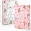 Cute Kawaii Bear Flower Bow for iPad 7th/8th/9th Generation Case 10.2 Inch 2019/2020/2021 with Pencil Holder Auto Sleep/Wake Pink Leather Acrylic Back Cover