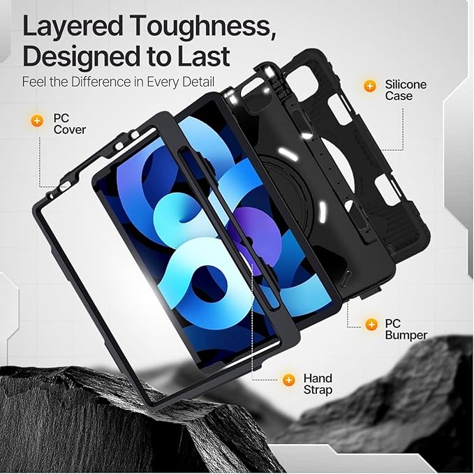 TNP Protective Case for iPad Air 6th M2 2024 11 Inch 5th 4th Gen 10.9 inch and iPad Pro 4th 3rd 2nd Generation (2022 2021 2020 2018) w/Pencil Holder Handle Stand &amp Shoulder Strap Black