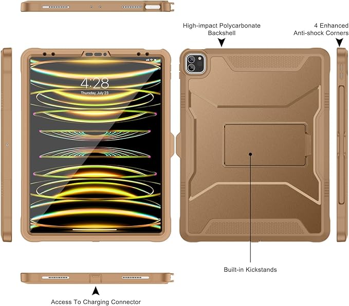 Soke Case for iPad Pro 12.9 Inch 6th/5th/4th Generation(2022/2021/2020 Release) Rugged Shockproof Protective Cover with Built-in Kickstand for Apple iPad Pro 12.9 - Light Brown