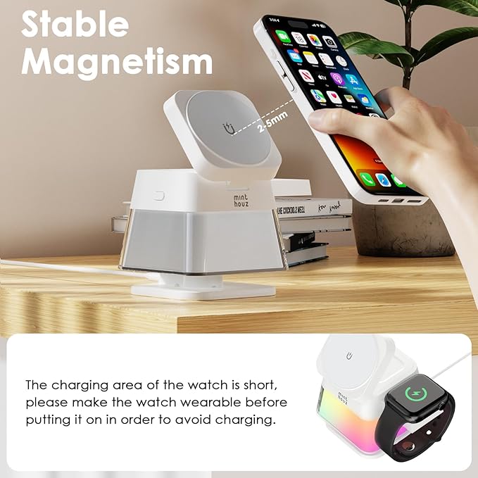 Minthouz 3 in 1 Charging Station for iPhone Wireless Charger for Apple Charging Station for Multiple Devices with Multi-Color Light for iPhone 16 15 14 13 12 Pro Apple Watch &amp AirPods Pro/4