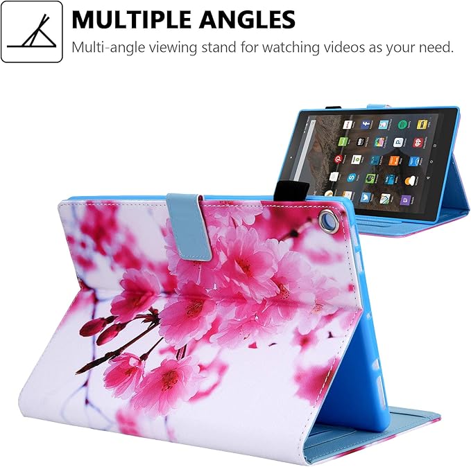 Folio Case for Amazon Fire HD 10 Tablet (5th/7th/9th Generation) Slim Fit Stand Magnetic Soft TPU Back Smart Cover for All-New Fire HD 10 2015/2017/2019 Sleep Mode Cherry Blossom
