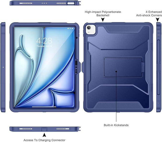 Soke Case for iPad Air 13-Inch M4 2026 M3 2025 &amp M2 2024with Built-in Screen Protector and Kickstand Rugged Full-Body Heavy Duty Protective Cover for Apple iPad Air 13 - Navy Blue