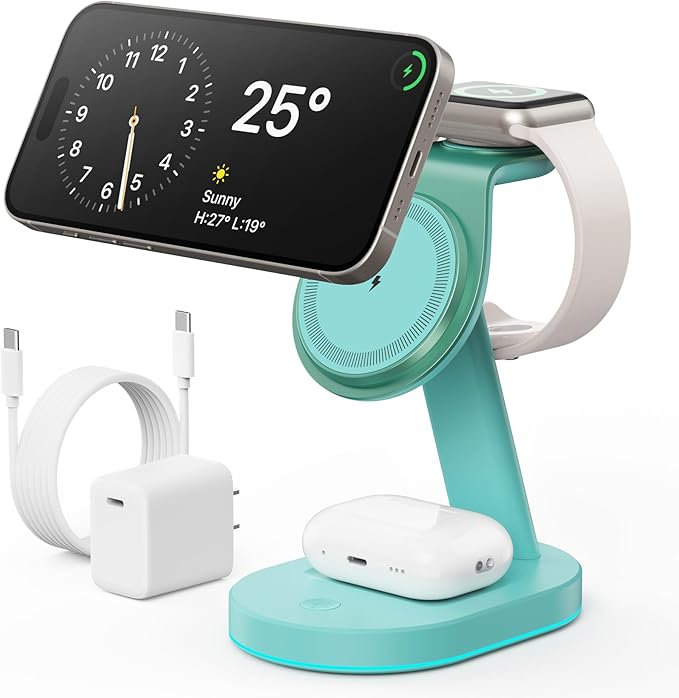 3 in 1 Wireless Charger Charging Station for iPhoneQi2 Certified 15W Magnetic Charging Stand for Mag-Safe with 30W USB C Adapter&ampFriendly Night Light for iPhone 16/15/14/13/12Apple WatchAirPods