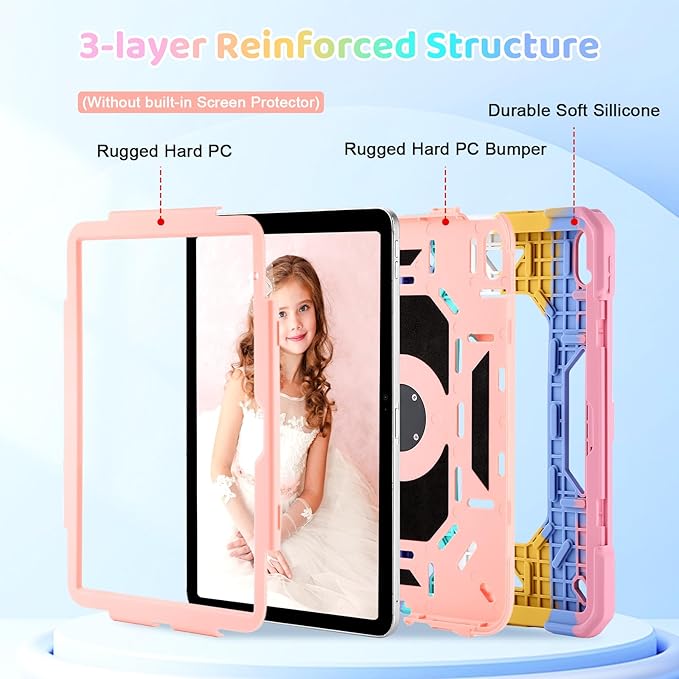 Case for iPad (A16) 2025 11th Gen 10.9'' iPad 10th Generation 2022 10.9'' with Tempered Glass Screen Protector Rugged Kid Case with Shoulder Strap/Pencil Holder/Folding Stand (Rainbow)